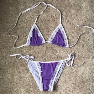 Purple bikini with white lace trim
